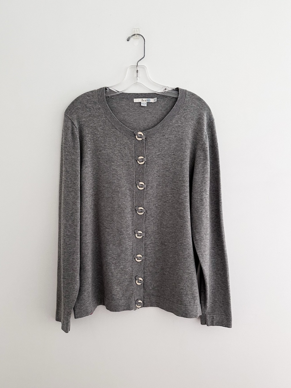 Boden Gray Crewneck Cardigan Grosgrain Cream Ribbon Button Detail Women's US 18